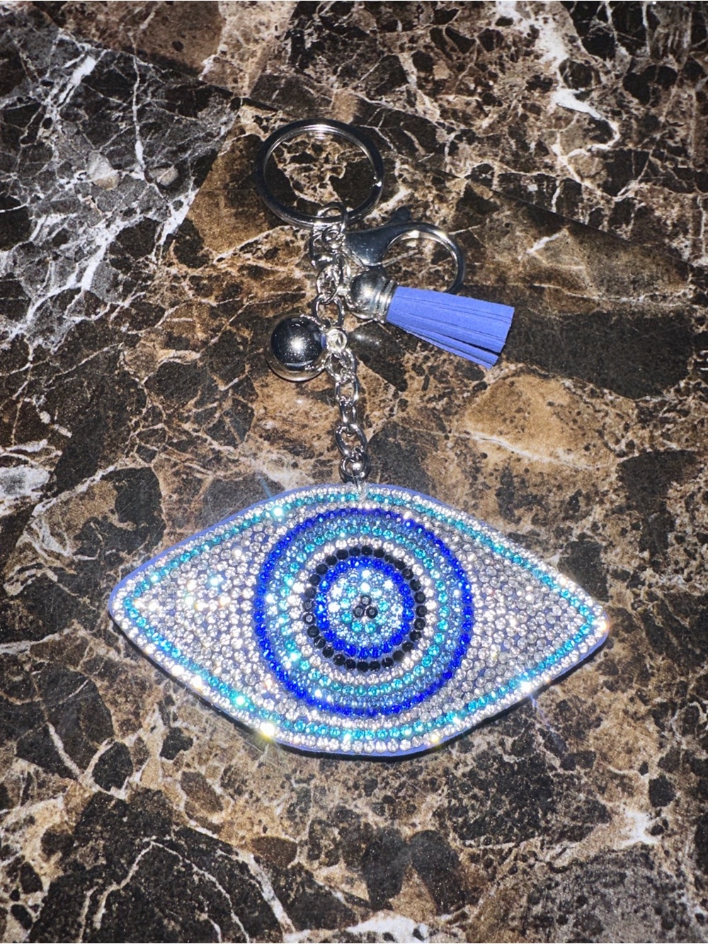 Blue Rhinestone Evil Eye Keychain with Blue Tassel